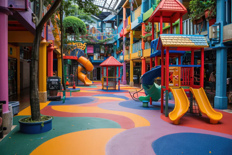 Colorful indoor playground with slides, climbing structures and safety flooring