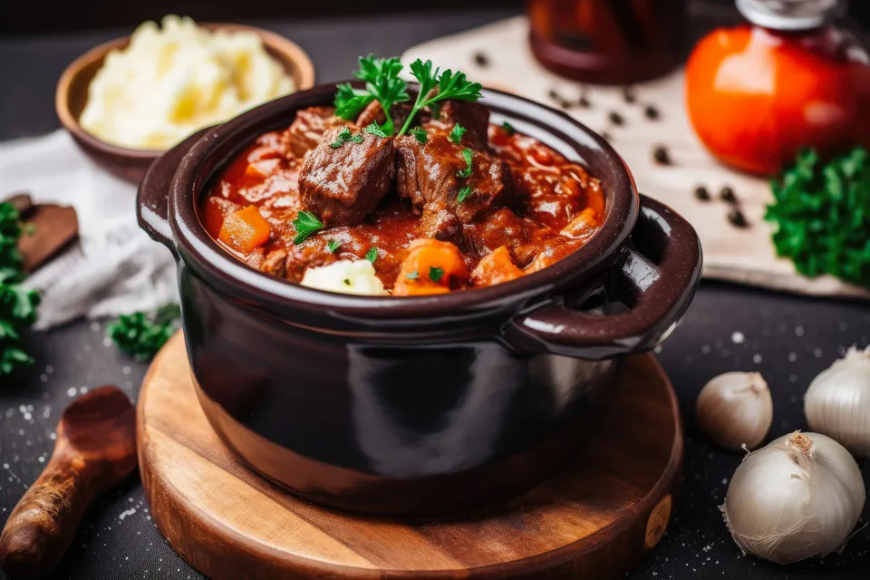 Traditional Hungarian goulash with tender beef and vegetables served in a dark ceramic pot
