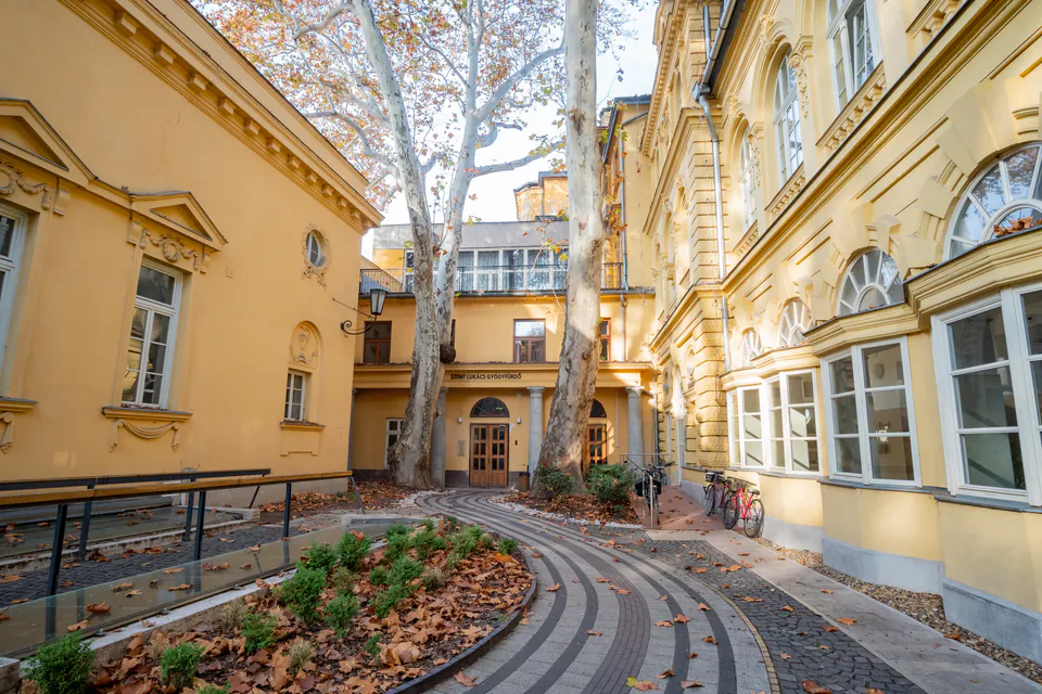 Historic yellow building exterior with curved pathway and autumn leaves at Lukács Bath entrance