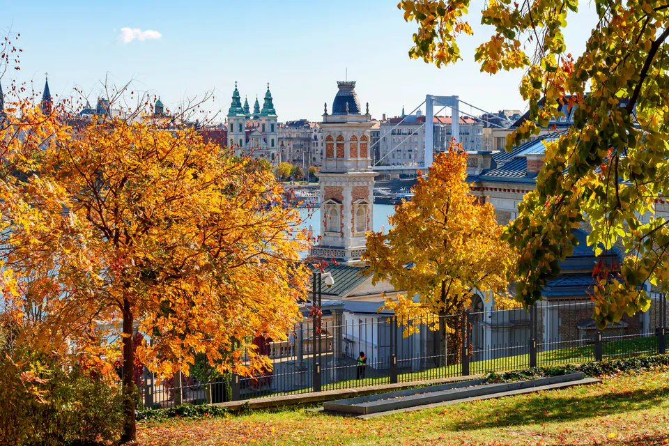 Autumn colors in Budapest with golden leaves and historic architecture