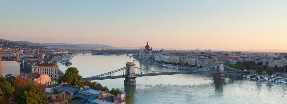 Panoramic view of Budapest showing Buda Castle and Pest side across Danube River