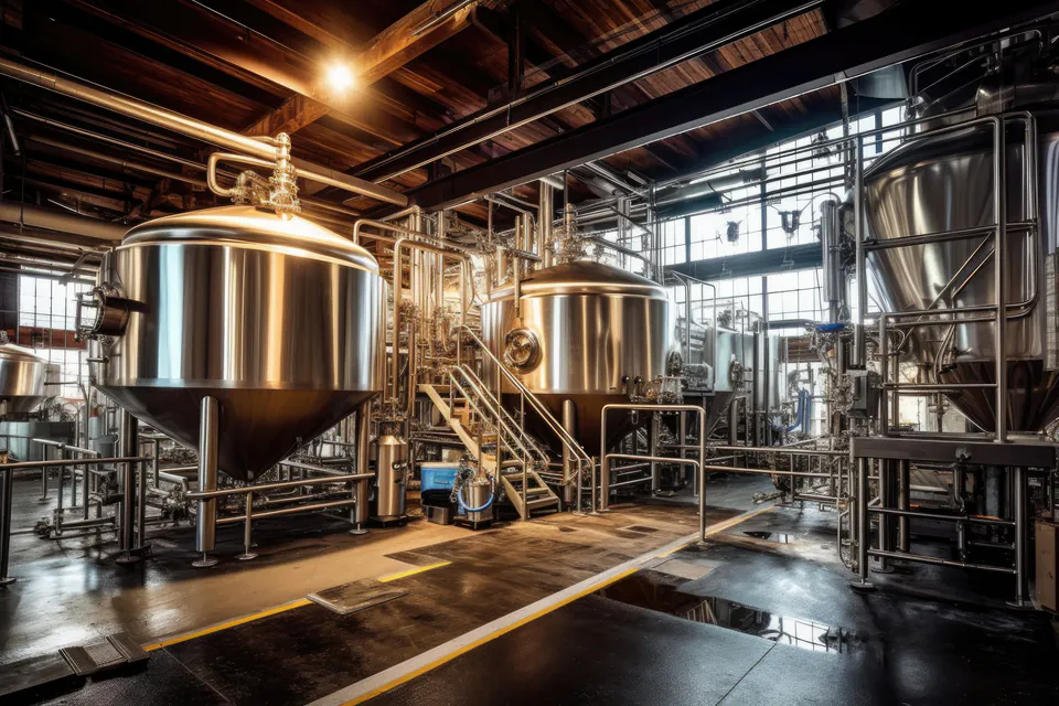 Modern brewing facility with large stainless steel fermentation tanks and brewing equipment