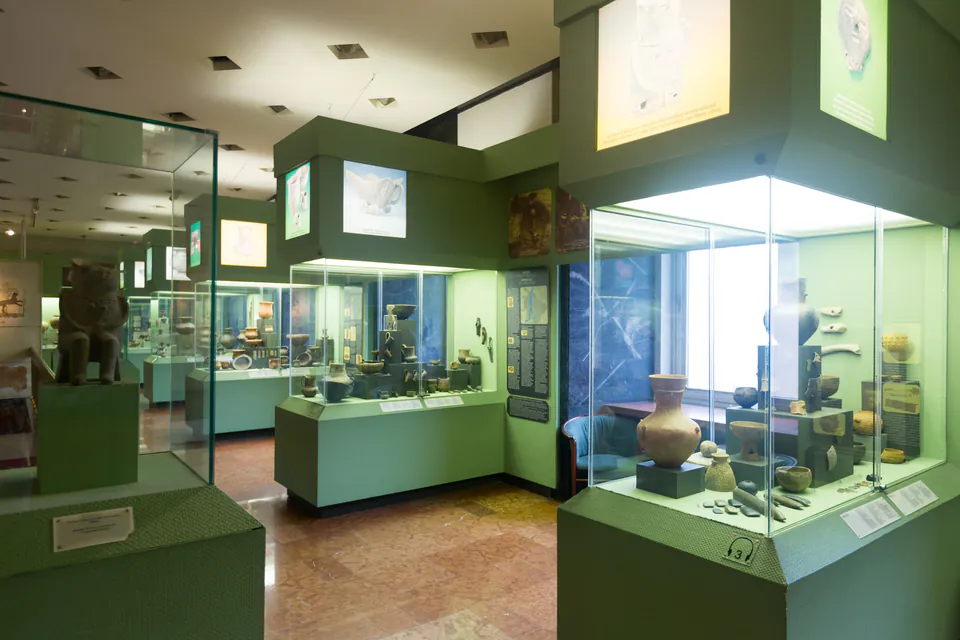 Display cases with ancient artifacts in museum's archaeological exhibition hall