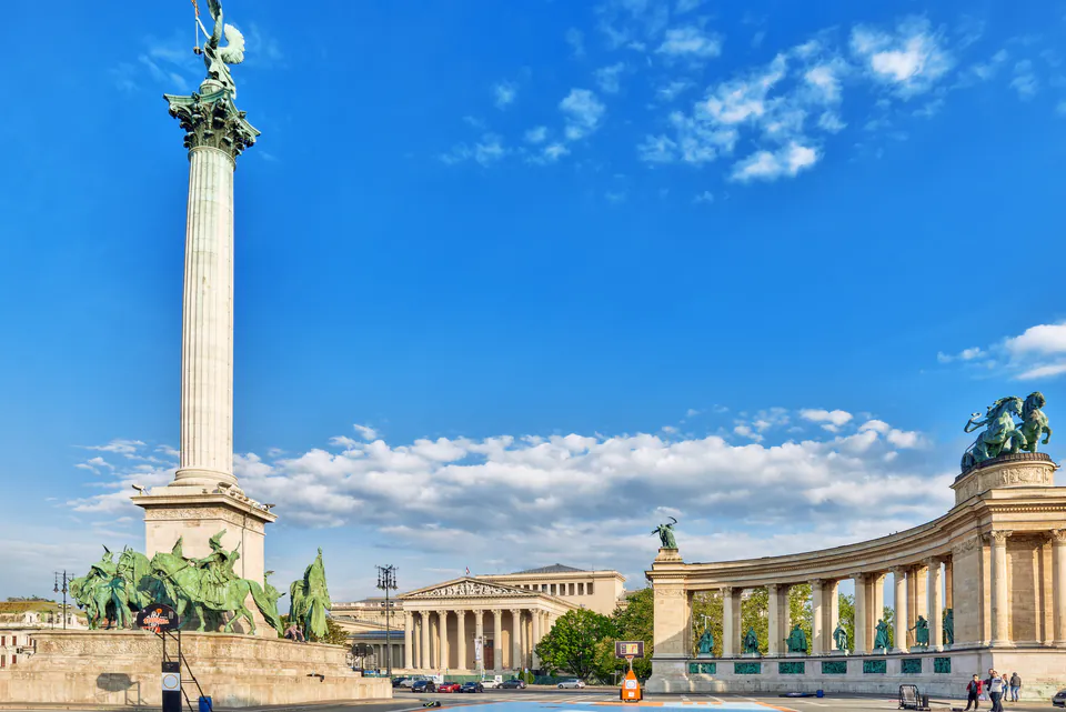 Heroes' Square with Millennium Monument and surrounding museum buildings in Budapest