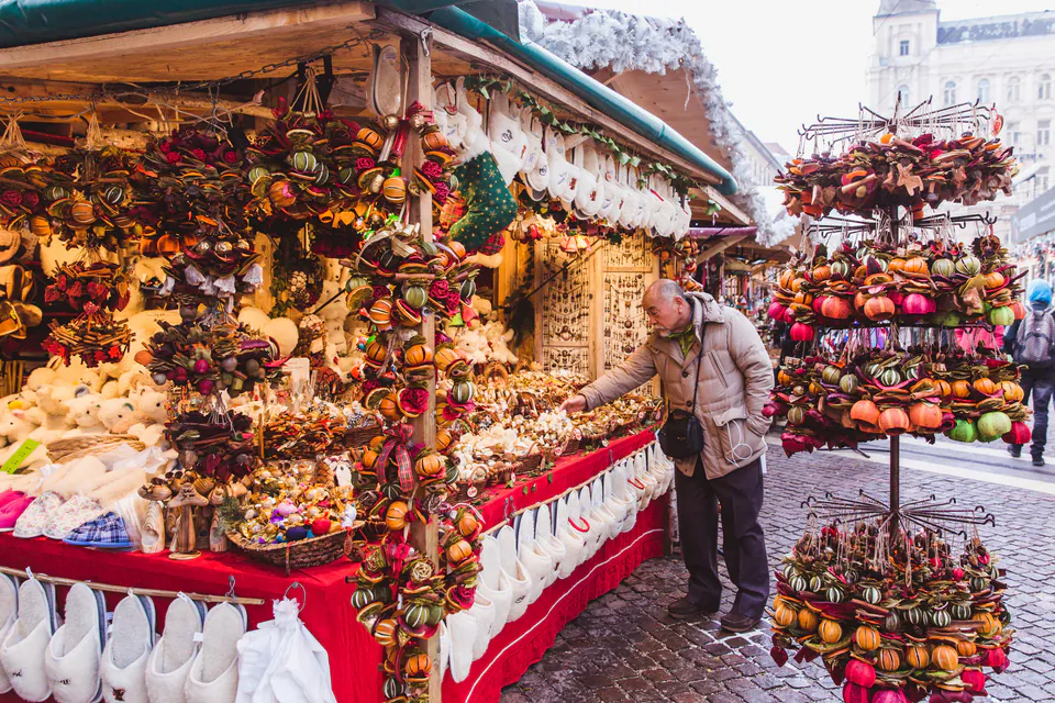 Christmas market at Vörösmarty Square with festive lights and decorations