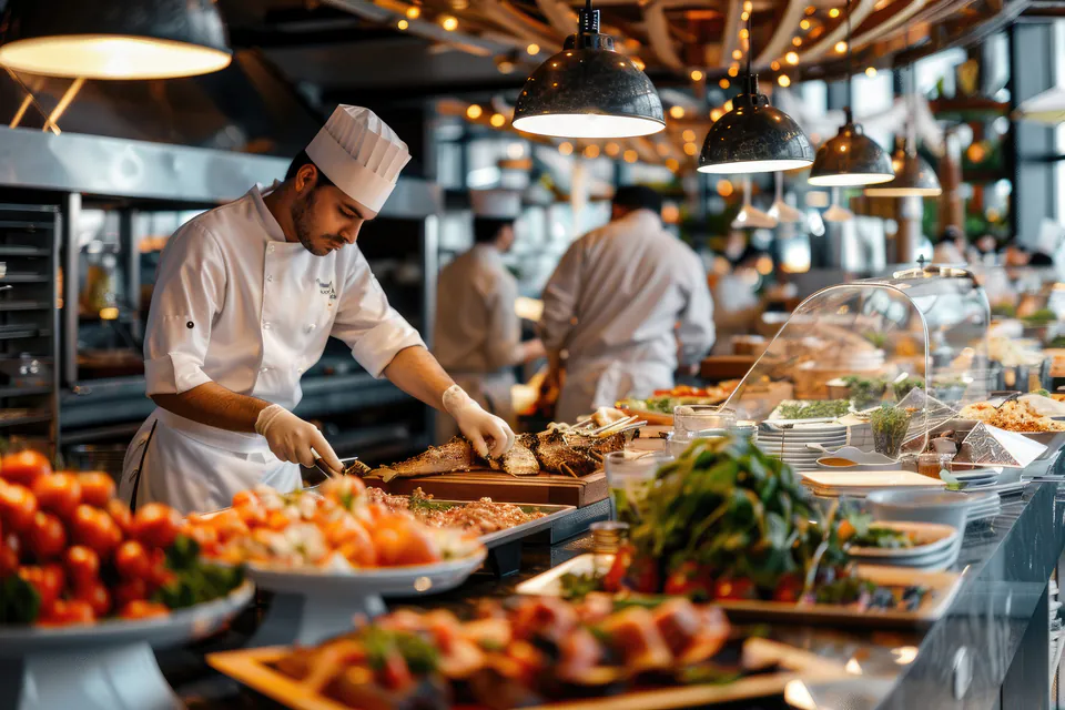 Chef preparing food at elegant restaurant buffet with fresh ingredients and modern lighting