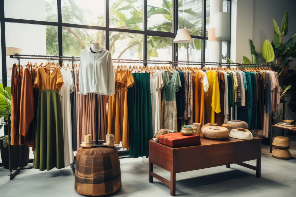 Modern boutique interior with clothing racks displaying colorful dresses and accessories