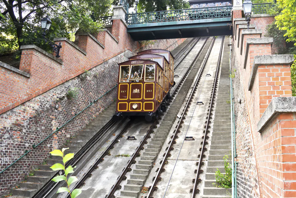 Buda Castle funicular railway climbing Castle Hill with historic buildings