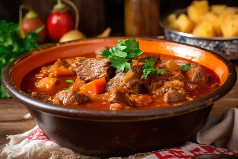 Traditional Hungarian goulash with tender meat and vegetables served in a rustic clay bowl