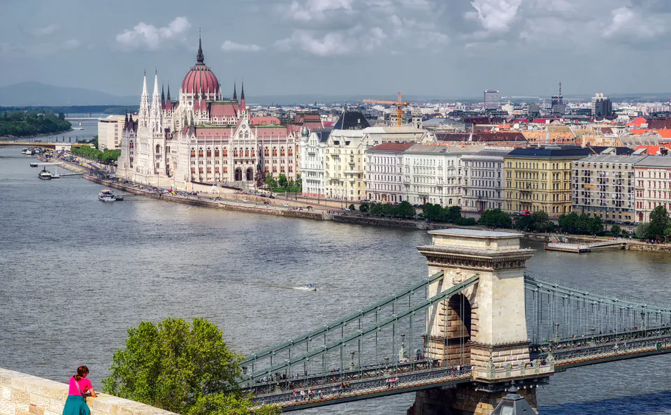 View of Parliament Building and Chain Bridge from elevated position along Danube River