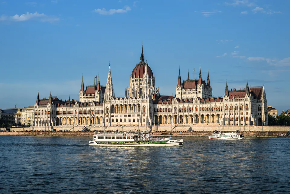 Hungarian Parliament Building viewed from Danube River with sightseeing boats passing by