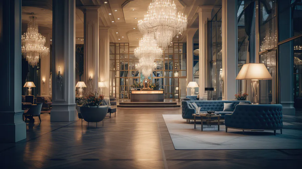 Elegant hotel lobby with marble floors and crystal chandeliers