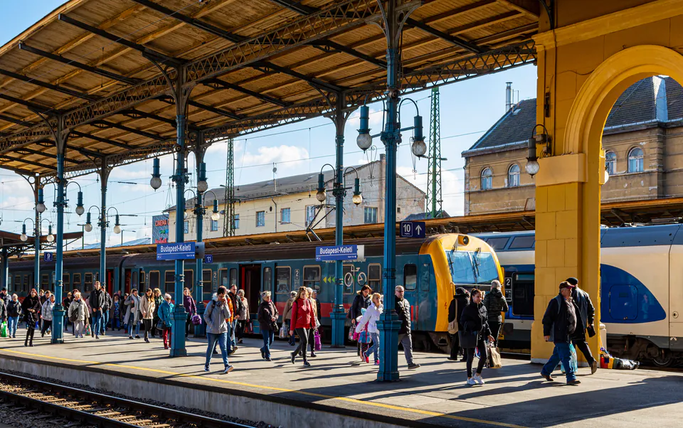 Modern train arriving at Budapest Keleti railway station platform