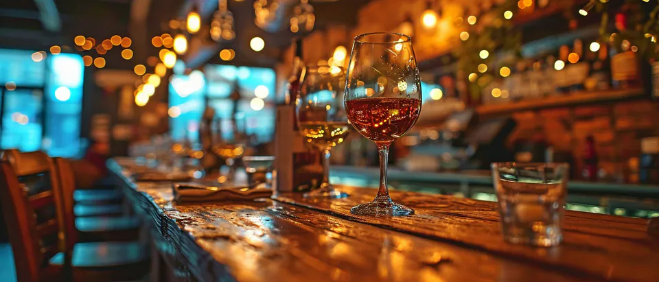 Cozy wine bar interior with wine glasses on rustic wooden bar under warm ambient lighting