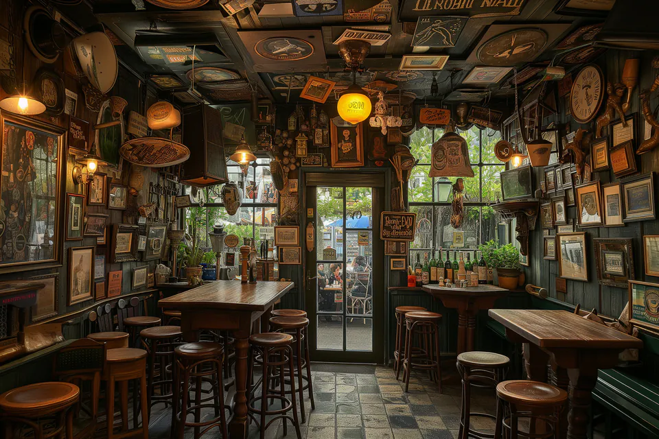 Industrial-chic bar interior with twenty beer taps and modern lighting fixtures