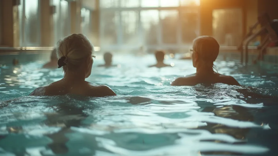 Swimmers relaxing in a thermal pool with sunlight streaming through windows
