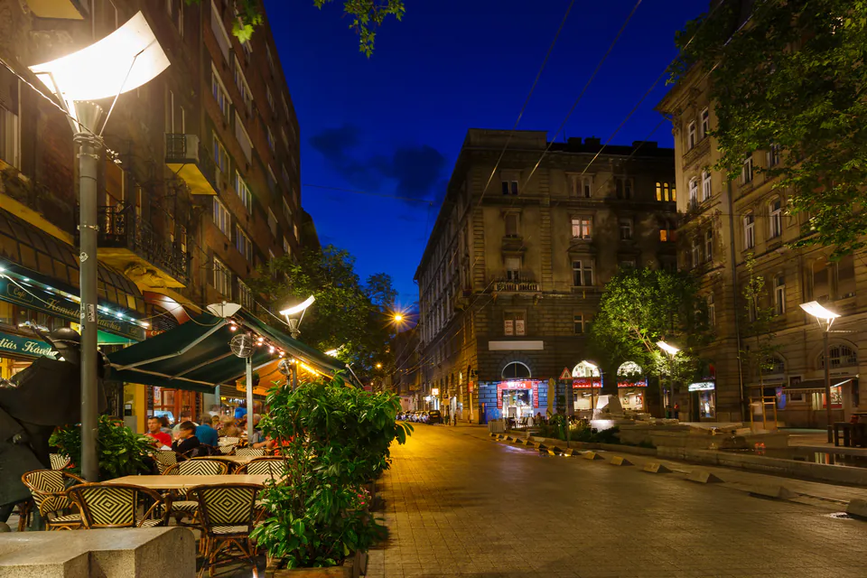 Well-lit evening street in Budapest's District V