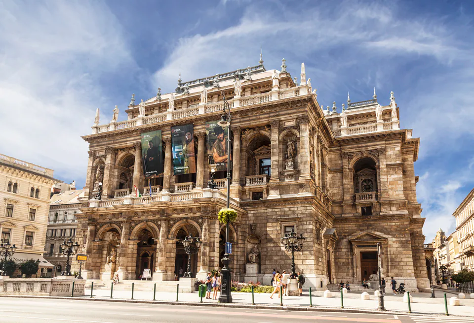 Exterior view of the Hungarian State Opera House with neo-Renaissance architecture on Andrássy Avenue