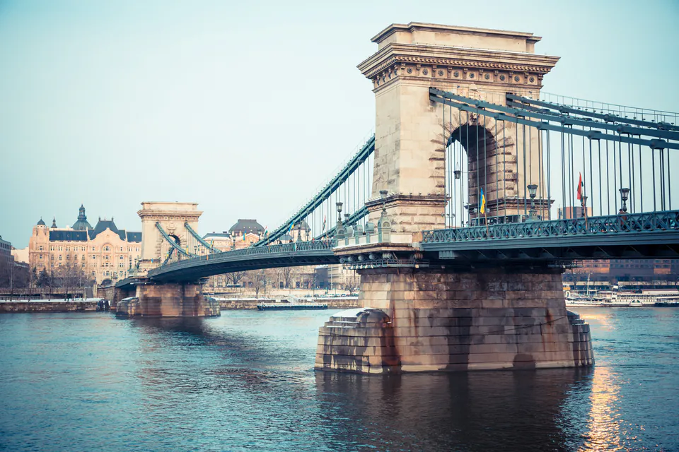 Chain Bridge connecting Buda Castle hill with Pest's Parliament building across Danube