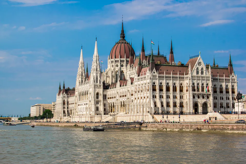 Hungarian Parliament Building viewed from across the Danube River on a sunny day