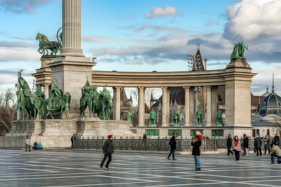 Monumental colonnade with bronze statues at Heroes' Square in Budapest