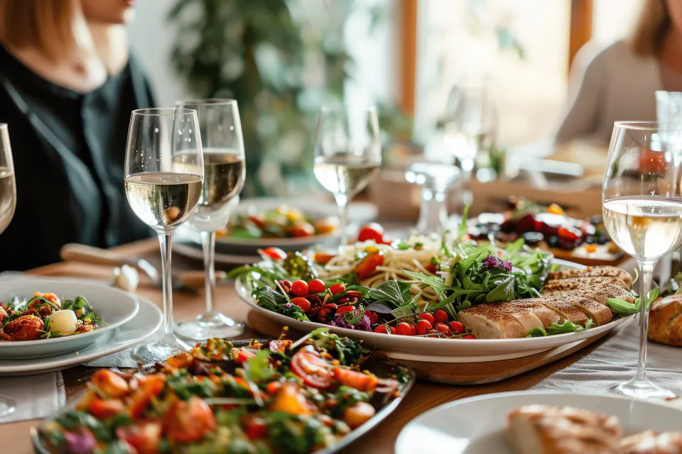 Gourmet dishes and wine glasses on an elegant dining table