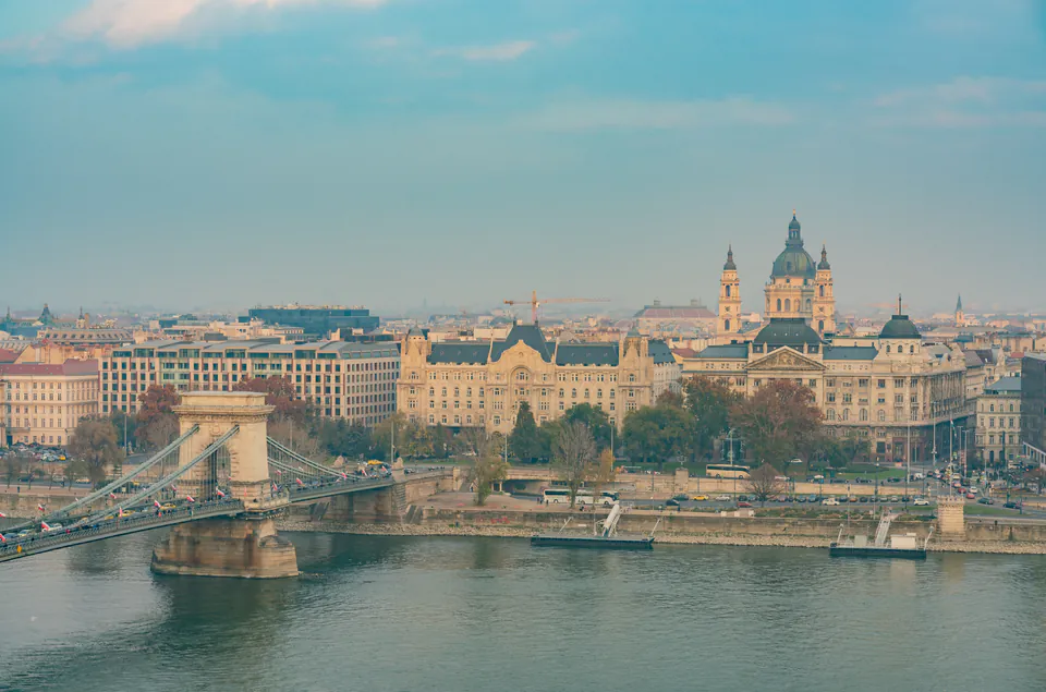 Panoramic view of Chain Bridge and St. Stephen's Basilica across Danube River in Budapest