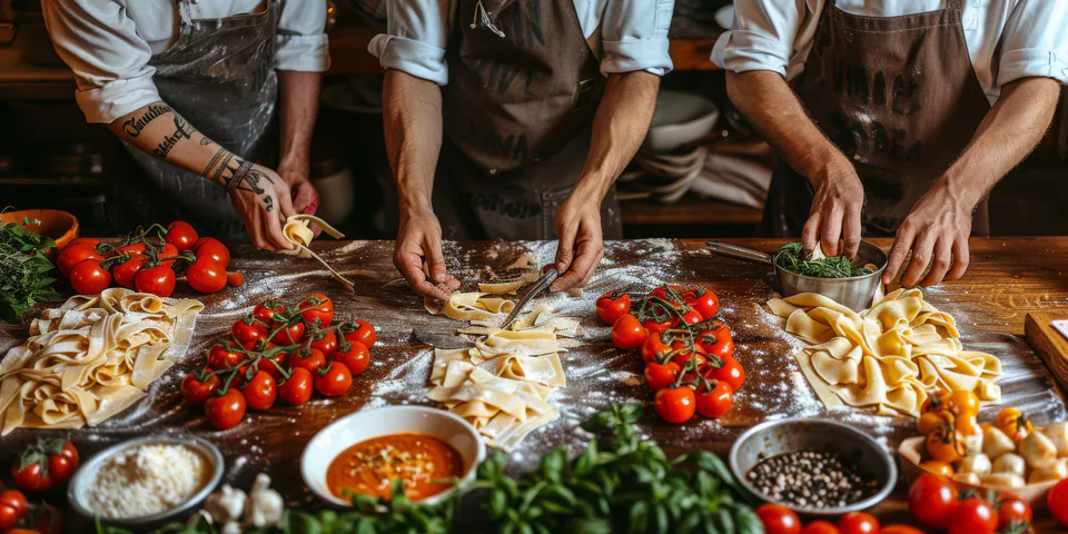 Chefs preparing fresh pasta with tomatoes and ingredients on wooden table
