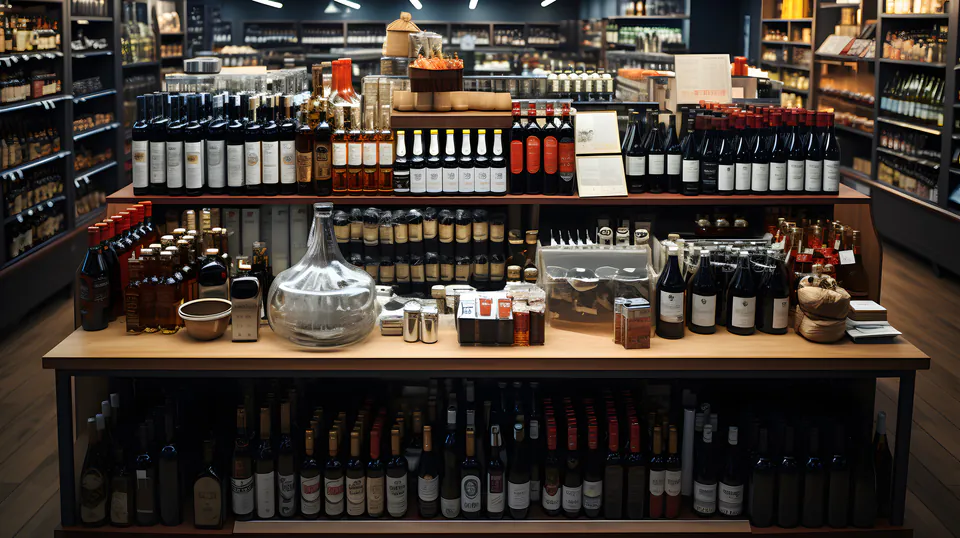 Modern wine shop display with multiple shelves of Hungarian wines and tasting station