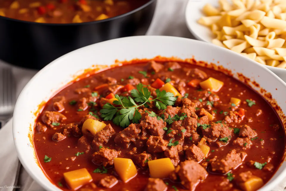 Bowl of traditional Hungarian goulash with tender meat, potatoes and paprika-red broth