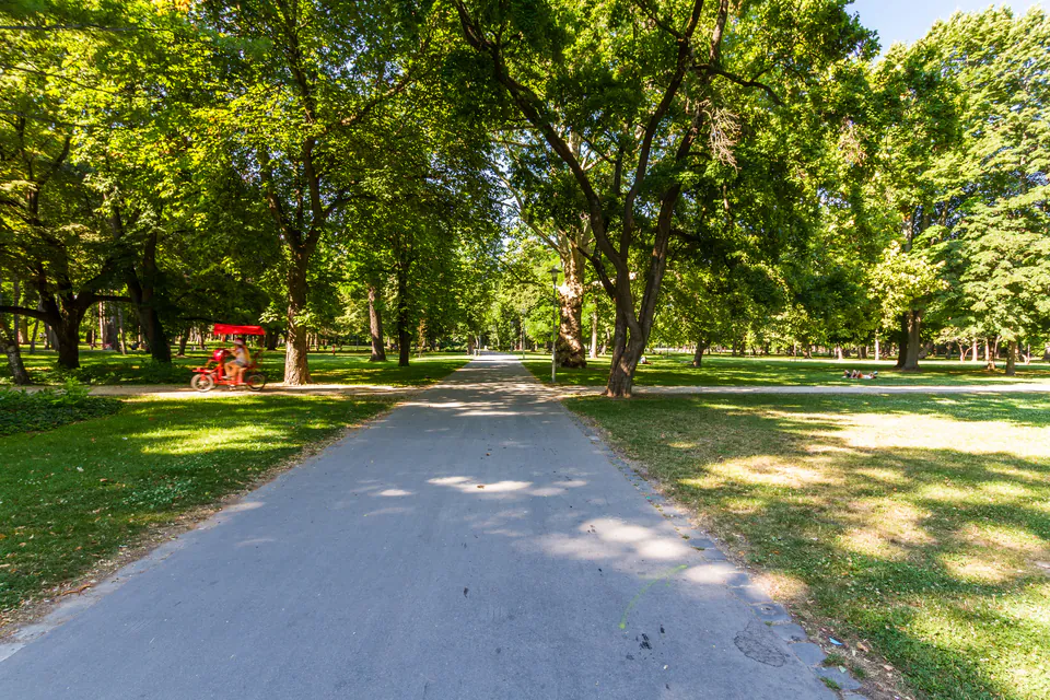 Tree-lined running path on Margaret Island with dappled sunlight and a red cart visible