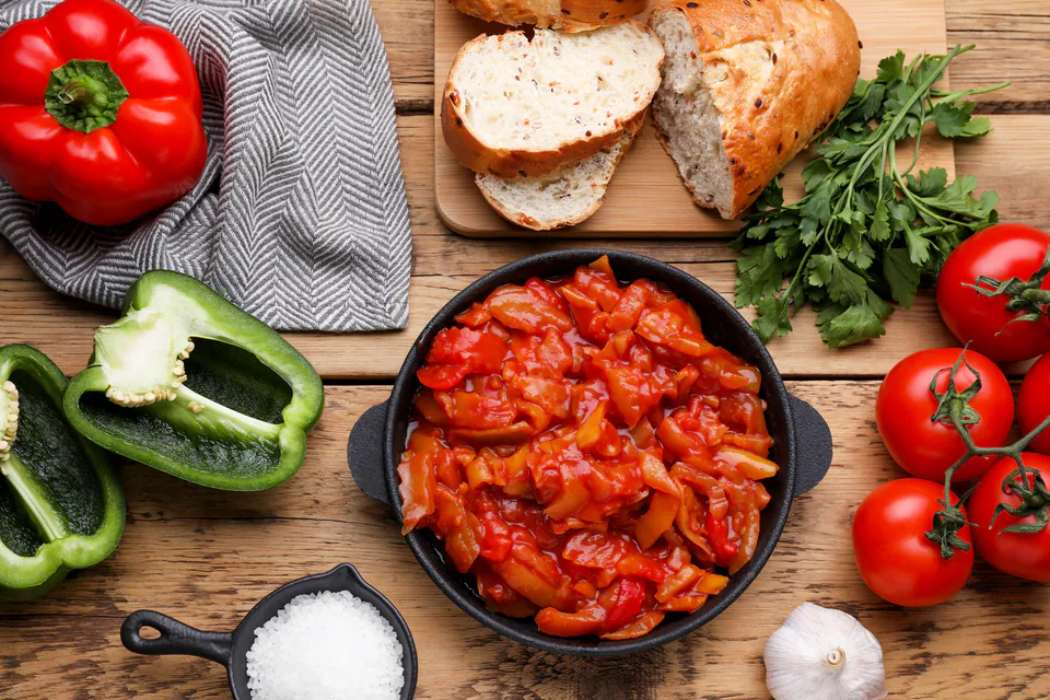 Traditional Hungarian lecsó stew with fresh peppers, tomatoes, bread and seasonings
