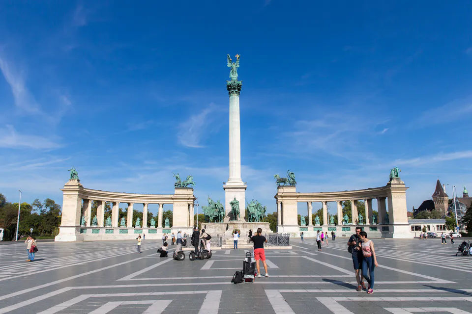 Millennium Monument with central column and colonnades at Heroes Square in Budapest