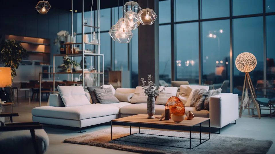 Modern luxury apartment living room with designer lighting and panoramic windows