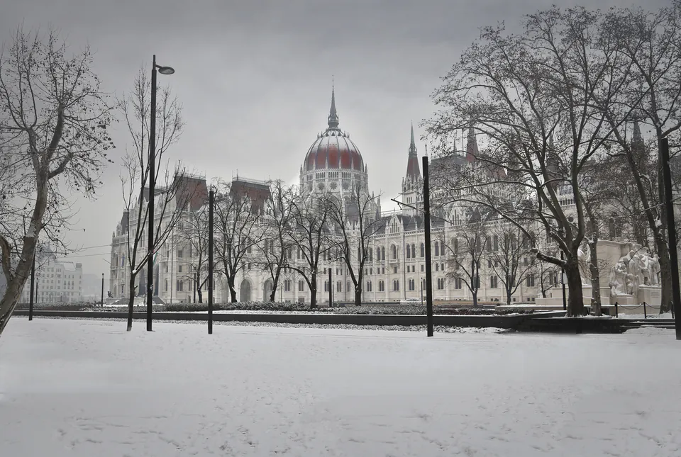 Snowy Budapest with Chain Bridge and Parliament