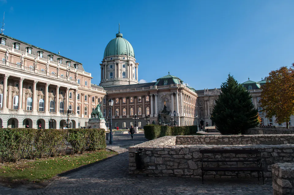 Historic Buda Castle complex with its distinctive green dome and Renaissance architecture