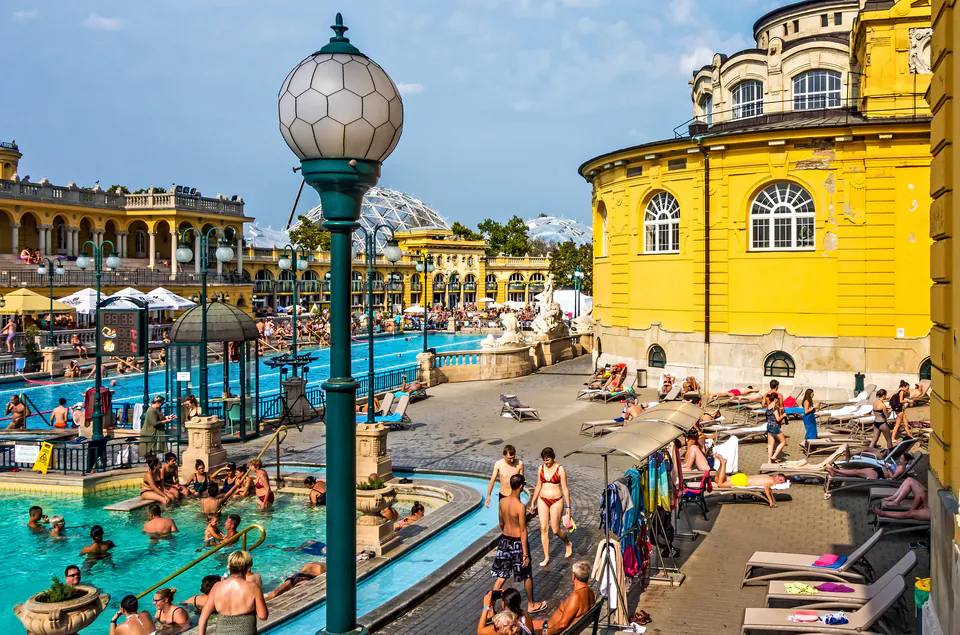 Summer visitors enjoying Széchenyi Thermal Bath