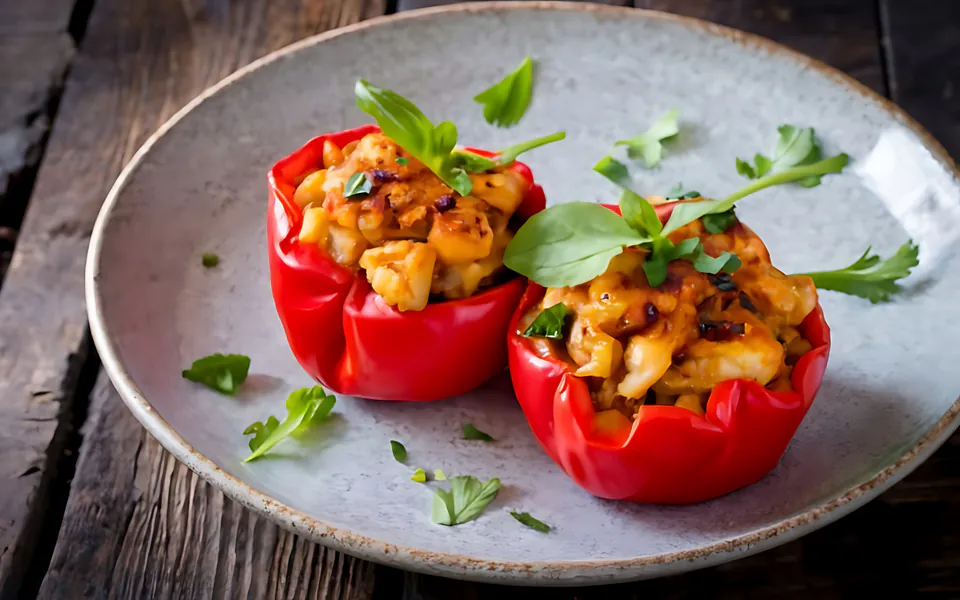 Two red bell peppers stuffed with plant-based filling and garnished with fresh herbs