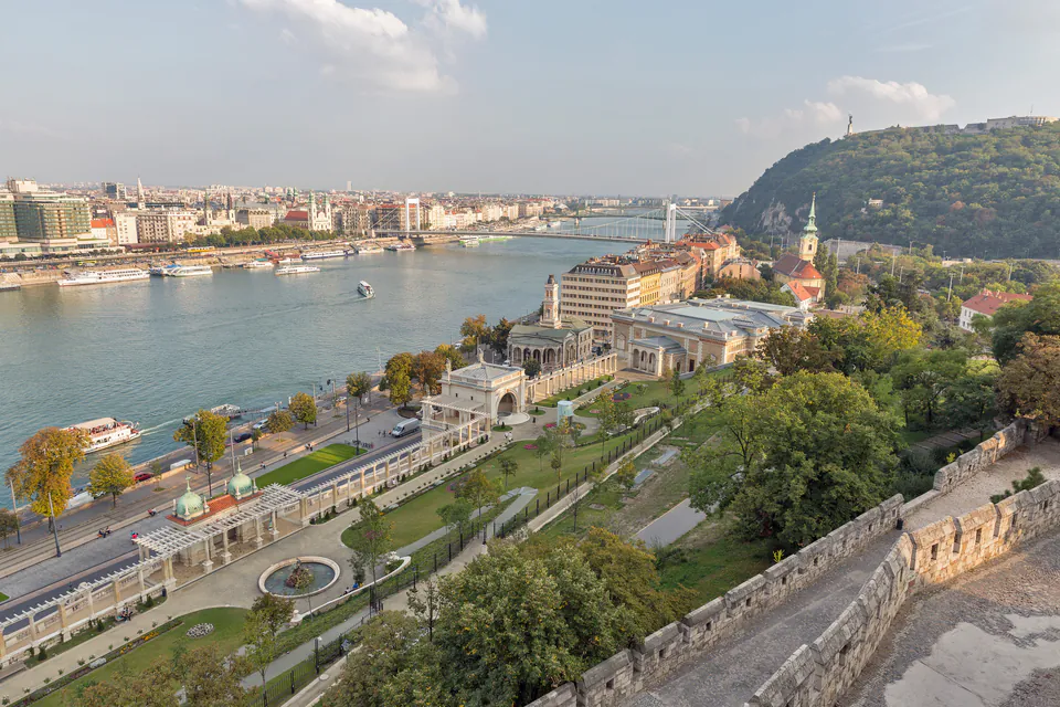 Medieval stone fortifications overlooking Danube River and Budapest cityscape from Castle Hill