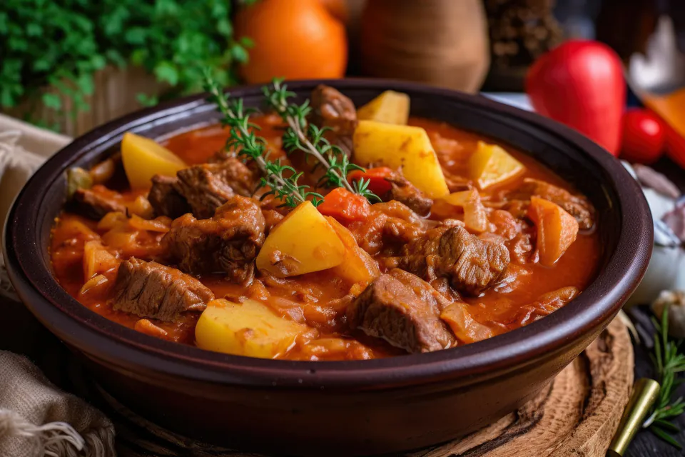 Traditional Hungarian goulash with tender beef, potatoes and vegetables in a rustic ceramic bowl