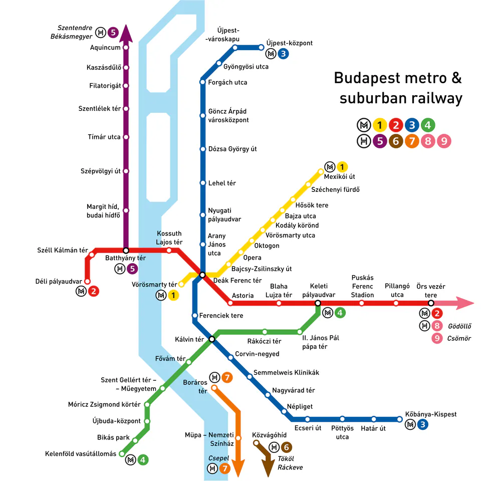 Color-coded map of Budapest metro system showing four intersecting lines and major stations