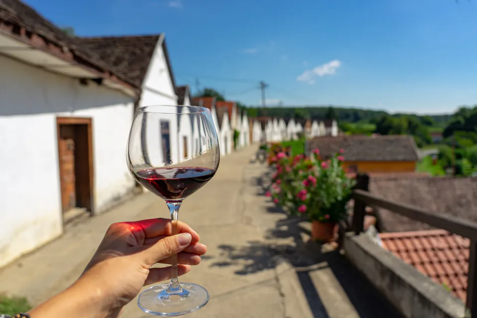 Glass of red wine held up against backdrop of traditional white wine cellars in Eger
