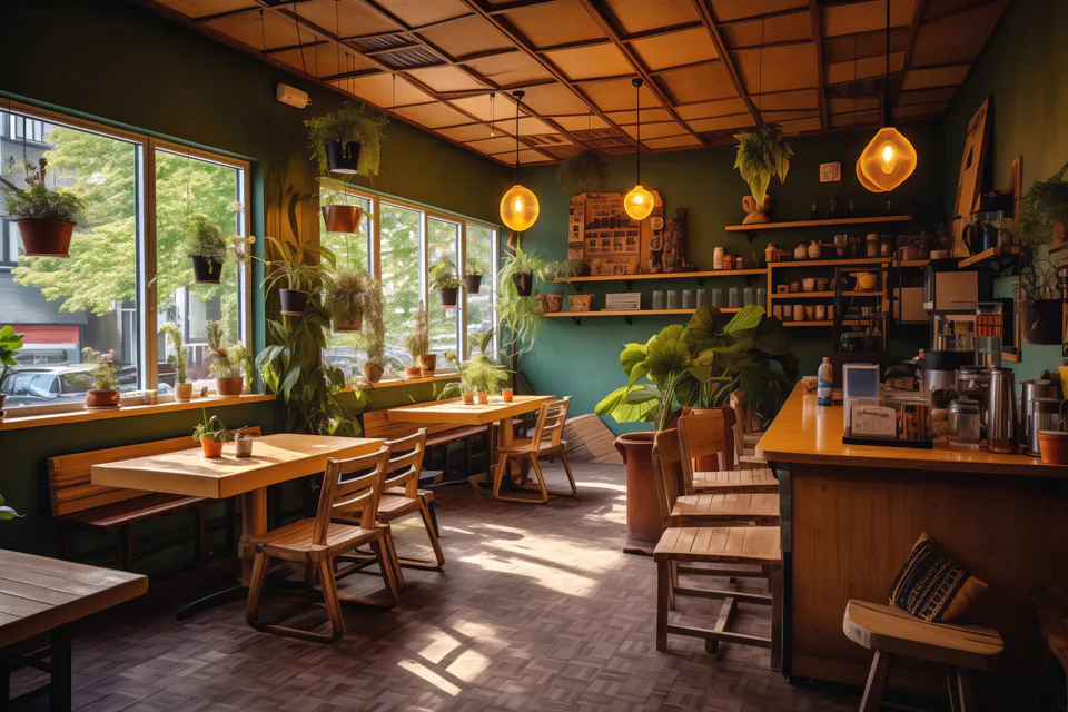 Sunlit restaurant interior with green walls, wooden furniture and hanging plants