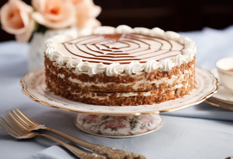 Traditional Hungarian Eszterházy torte with decorative spiral pattern on ornate cake stand