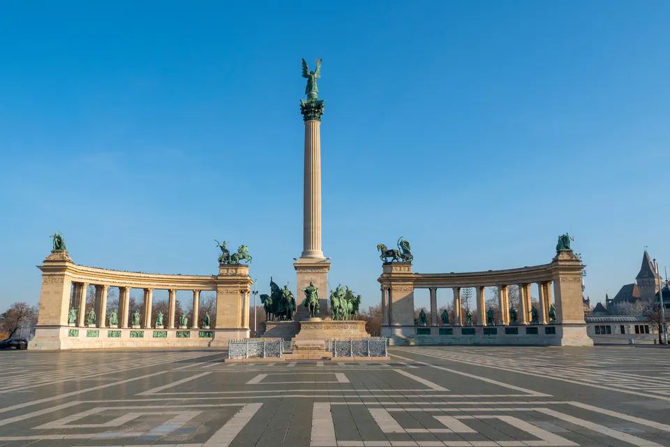 Millennium Monument with colonnade and central column at Heroes' Square in Budapest