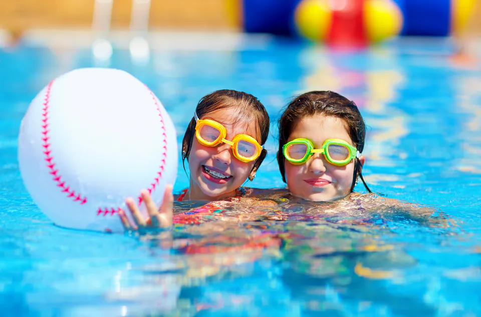 Children enjoying water slides at Palatinus Strand summer water park
