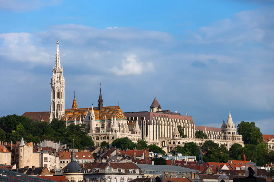 Residential villas on Buda Hills with panoramic Budapest city view in background