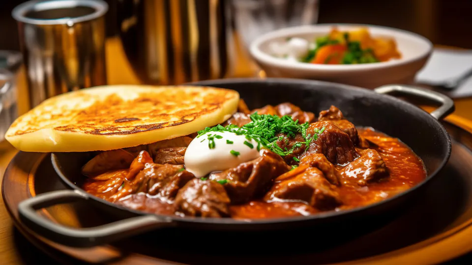 Traditional Hungarian goulash served in cast iron pan with sour cream, herbs and flatbread