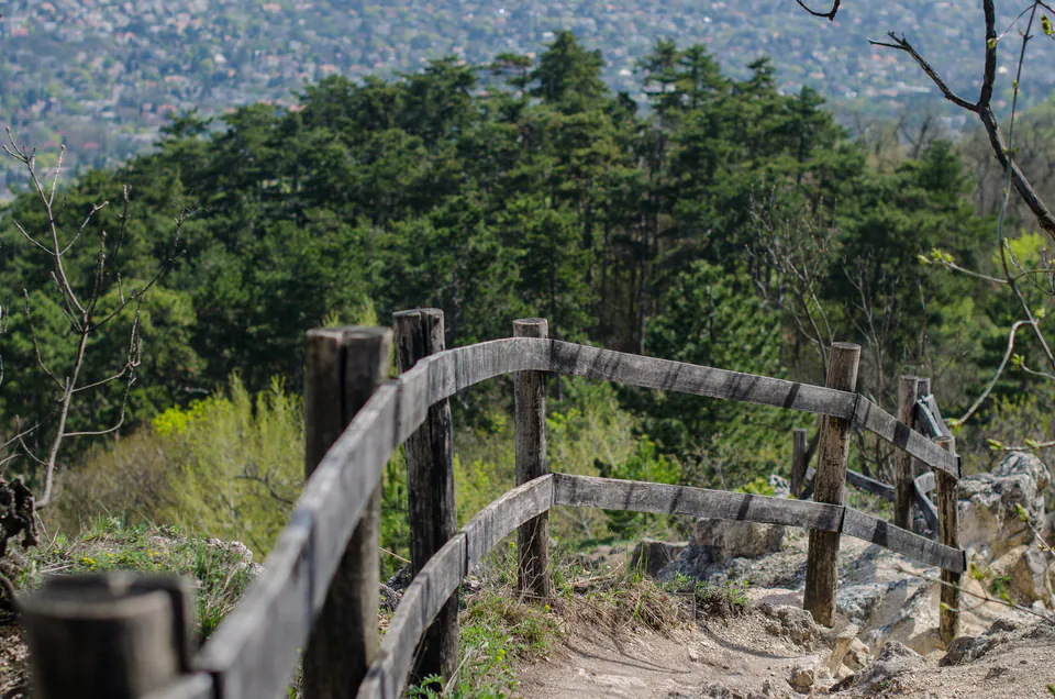Scenic hiking trail on Normafa Hill with a rustic wooden fence overlooking Budapest