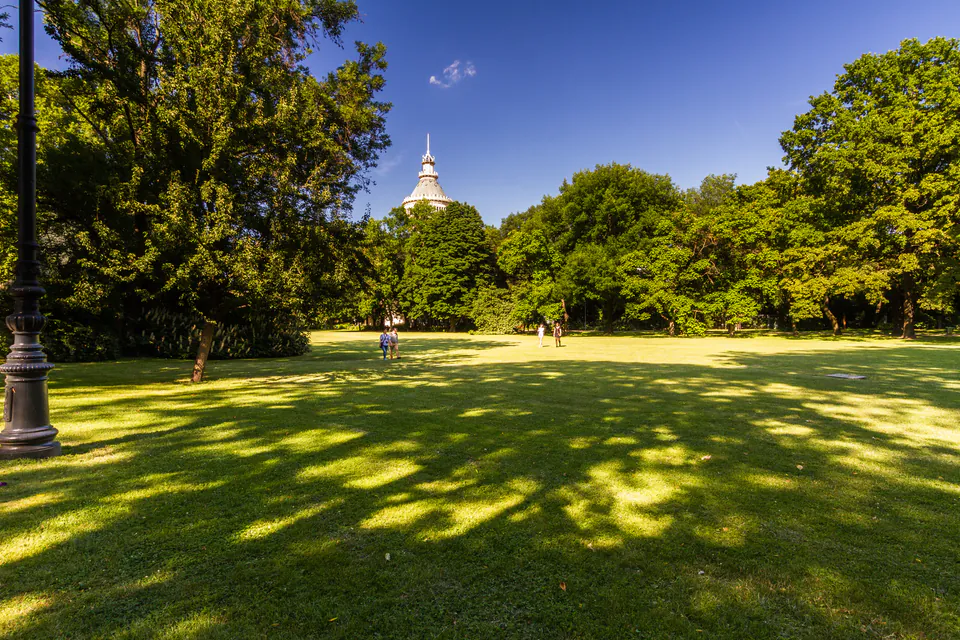 Sunlit green lawn with scattered trees and historic water tower visible in background
